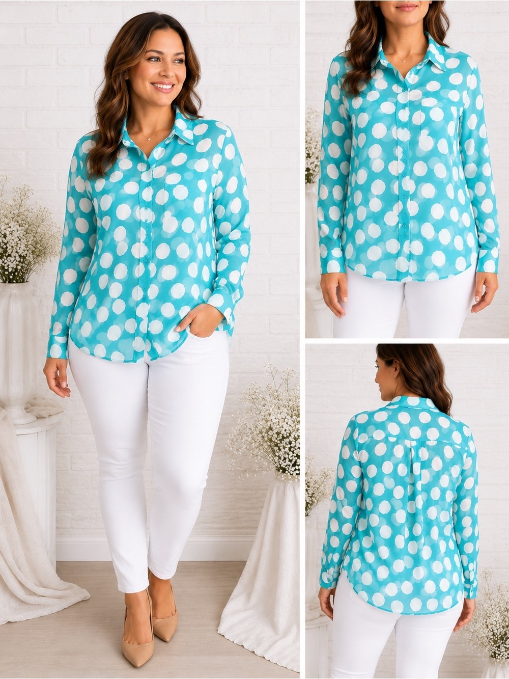 Lane Bryant Turquoise Polka Dot Semi Sheer Button Front Blouse Size 18/20